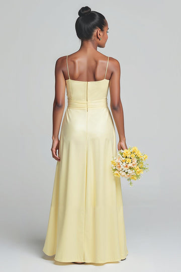 Robe longue de demoiselle d’honneur junior en satin à bretelles spaghetti jonquille